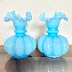 Vintage Pair Of Fenton Glass Melon Vases 8” Tall Light Blue Pastel Baby Blue